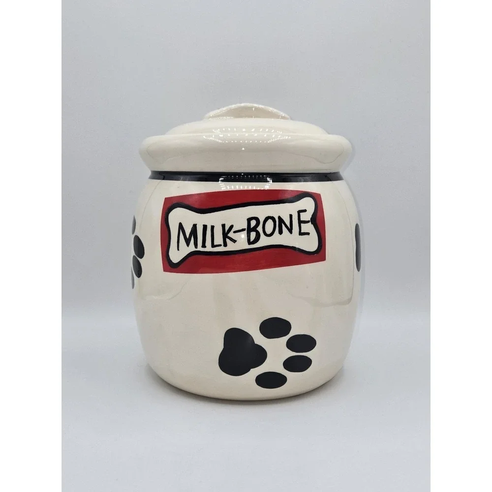 Milk Bone Ceramic Dog Treat Jar Paw Print Lid Vintage Kitchen Canister